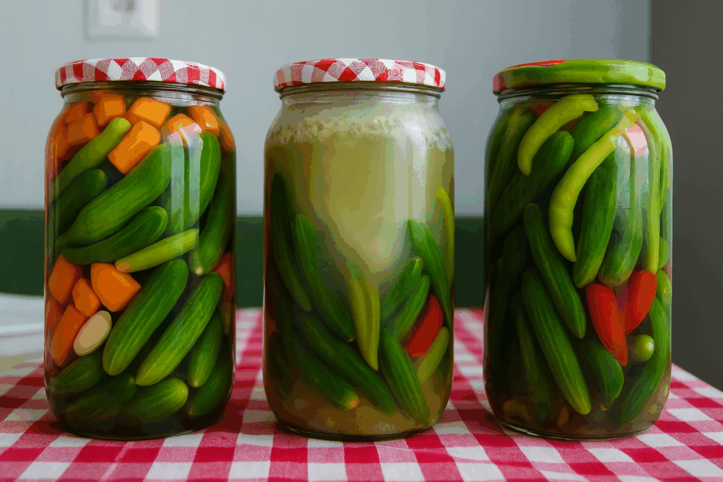 3 jars of fermented vegitables. The middle one did not turn out right and has some rotton liquid.