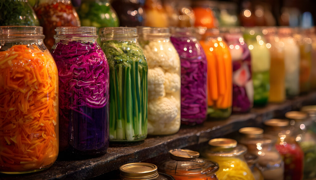 Fermenting food at home. Jars of femented vegitables on a shelf.