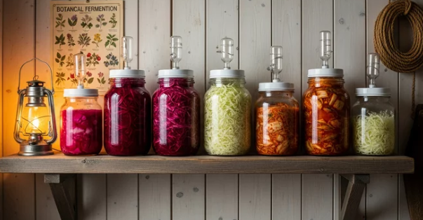 Fermentation Mistakes - Fermenting Jars on a shelf with pressure release