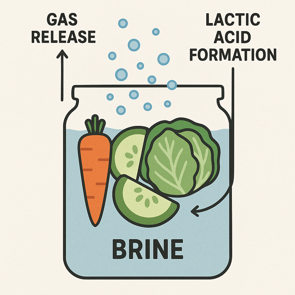 Diagram showing lactic acid fermentation — a jar of vegetables in brine releasing gas bubbles as beneficial bacteria transform sugars into acids.”