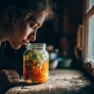 Person smelling a fermentation jar to check if the ferment odor is normal.