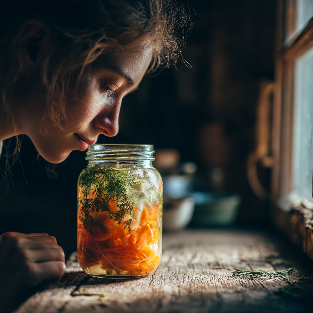 Person smelling a fermentation jar to check if the ferment odor is normal.