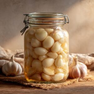 Close up of garlic cloves bubbling in brine during fermentation.