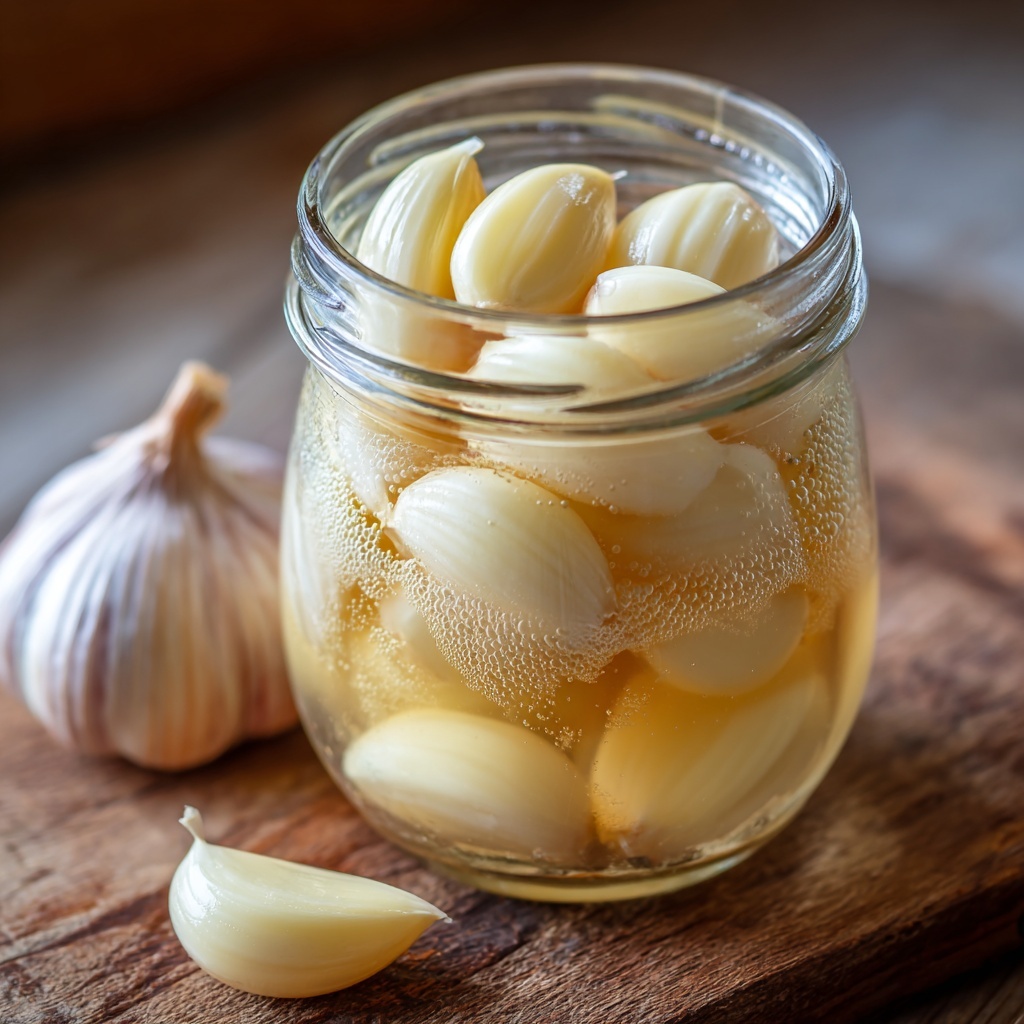 Fermented garlic in a jar with cloudy brine. Full of life!