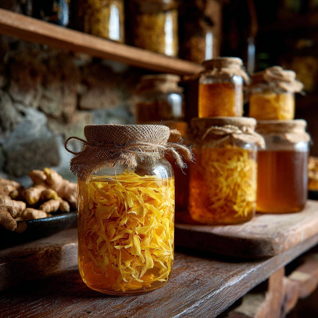 Thin sliced ginger covered in fermenting honey inside a glass jar
