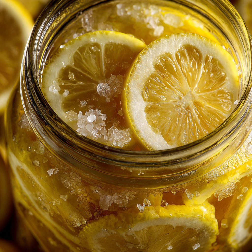 Sliced lemons fermenting with salt in a clear jar