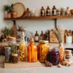 Jars of fermented remedies on a wooden counter for cold and flu season