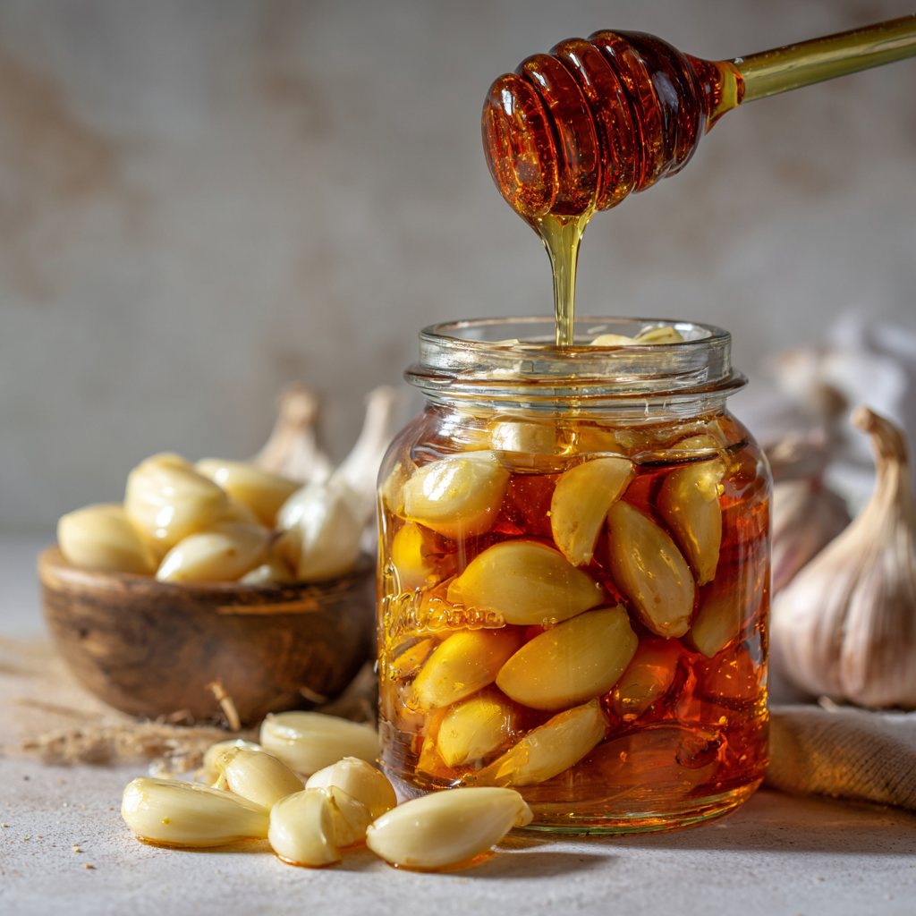 Raw garlic cloves fermenting in honey inside a small glass jar