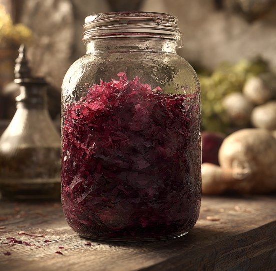 Dry brine example: Jar tightly packed with shredded beets releasing natural liquid during dry brining.