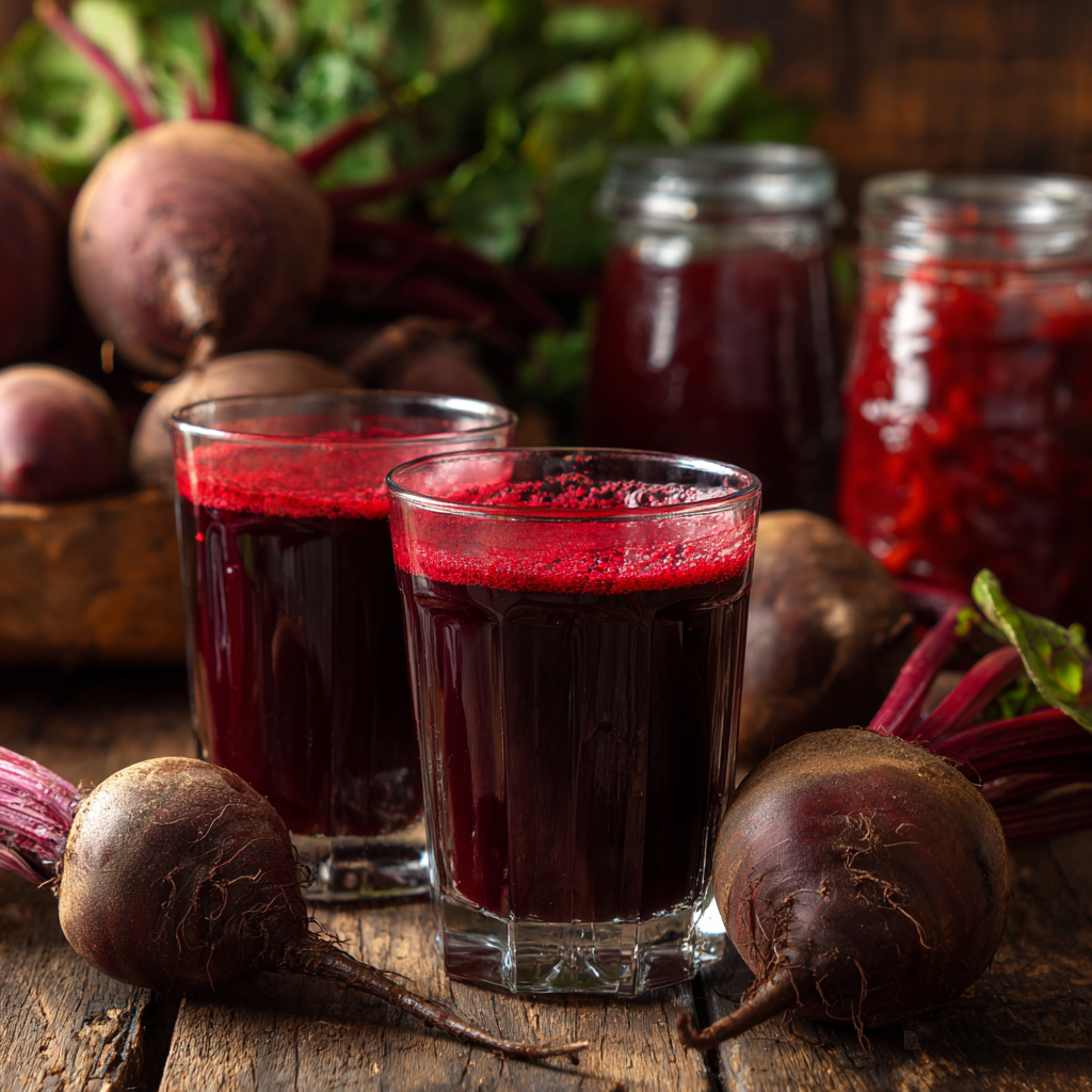 Beet kvass in a jar with chopped beets visible under the brine