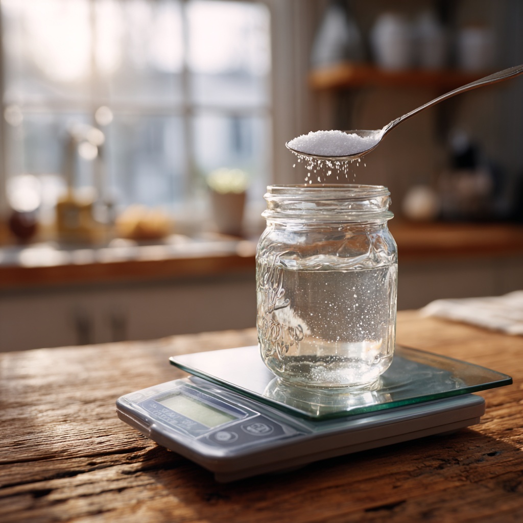 A spoonful of salt being poured into a jar of water sitting on a kitchen scale in a rustic kitchen.