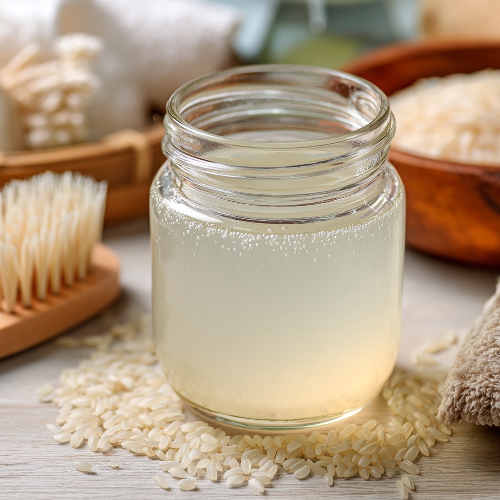 Fermented rice water in a glass jar showing light cloudiness and small bubbles