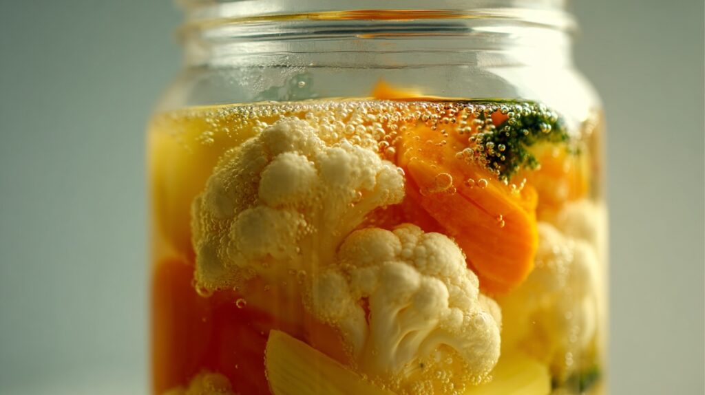Close up of fermented vegetables in brine showing natural bubbles from active lactic acid fermentation