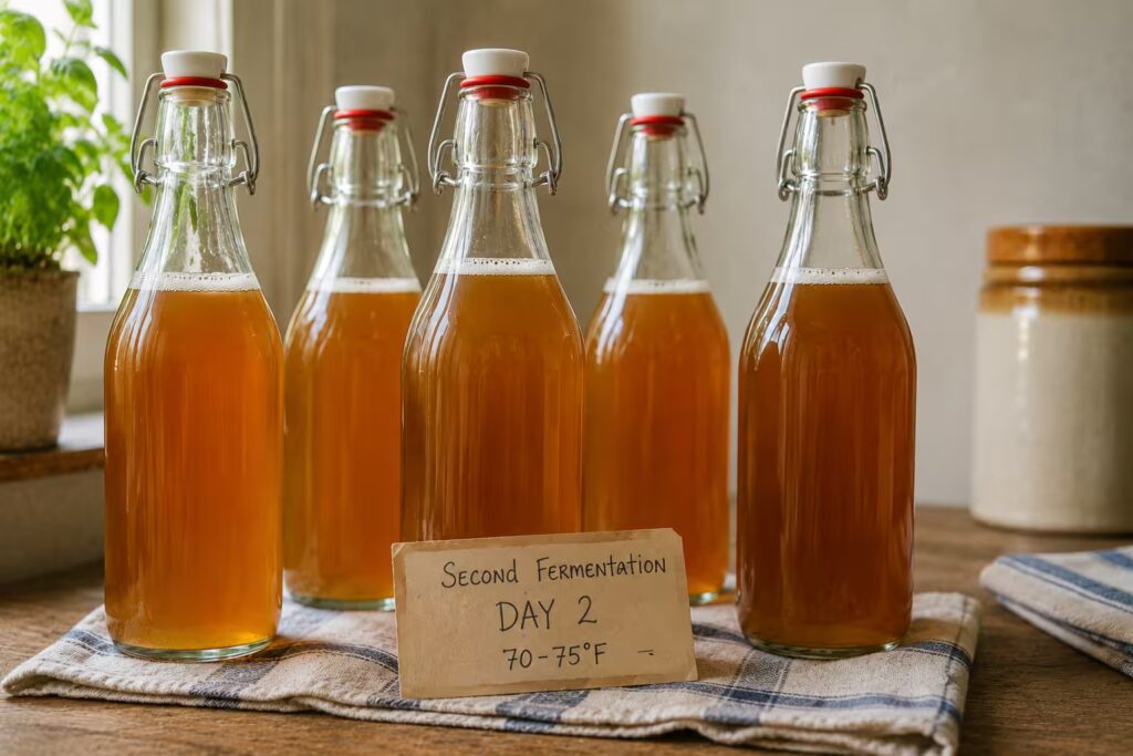 bottles sealed and sitting at room temperature during second fermentation — cloth or label indicating day count optional