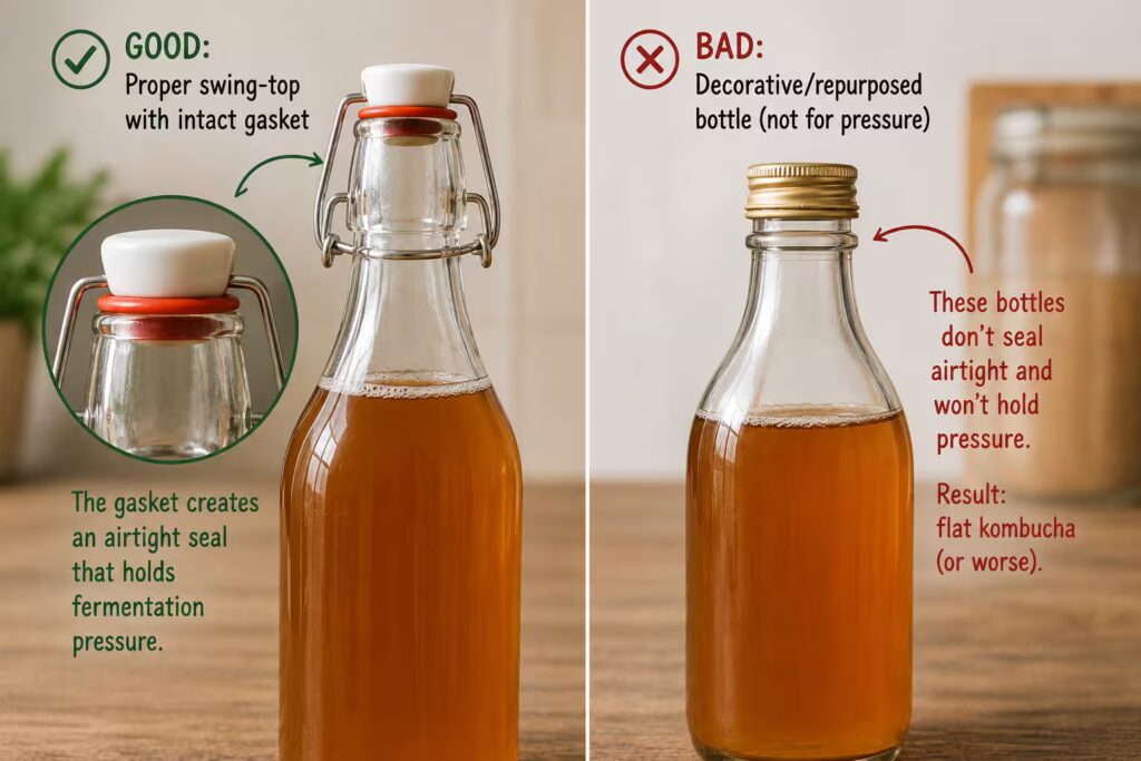 side-by-side of a proper swing-top bottle with intact gasket vs. a decorative or repurposed bottle — highlight the gasket