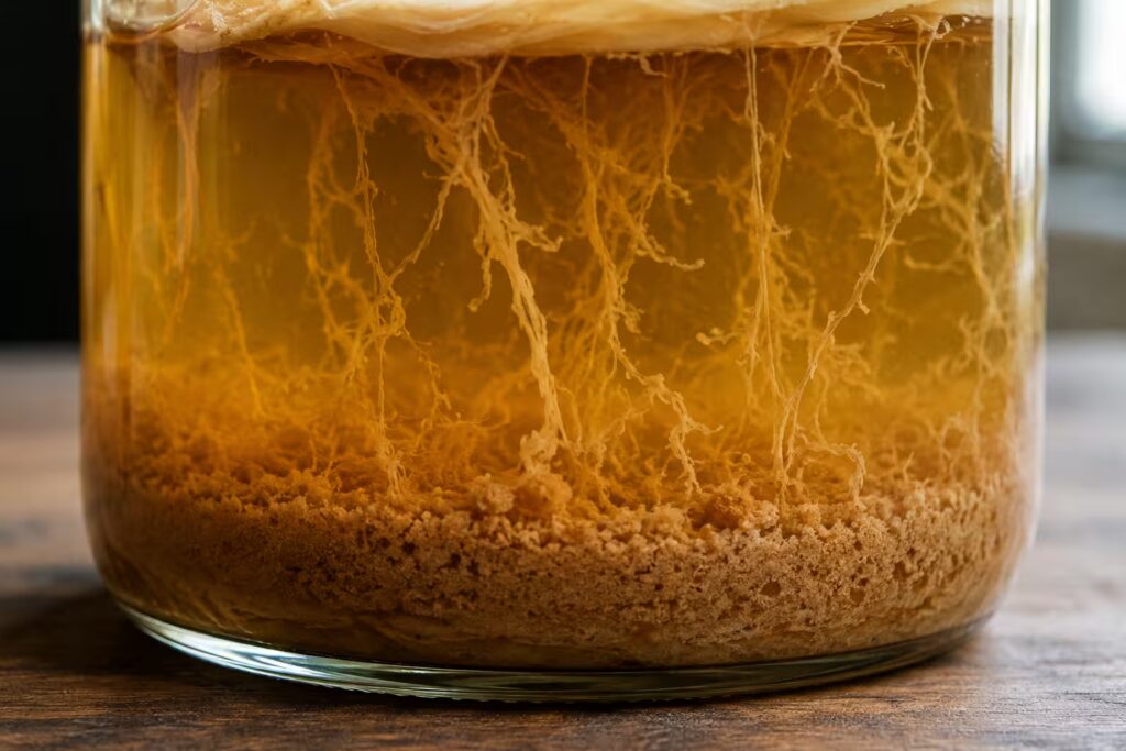 close-up of kombucha jar bottom showing brown yeast sediment and stringy strands
