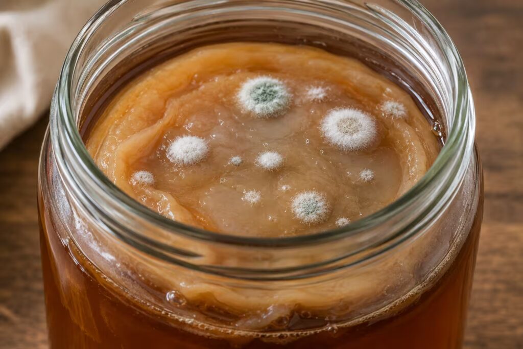 mold on kombucha SCOBY — dry, fuzzy, circular patches