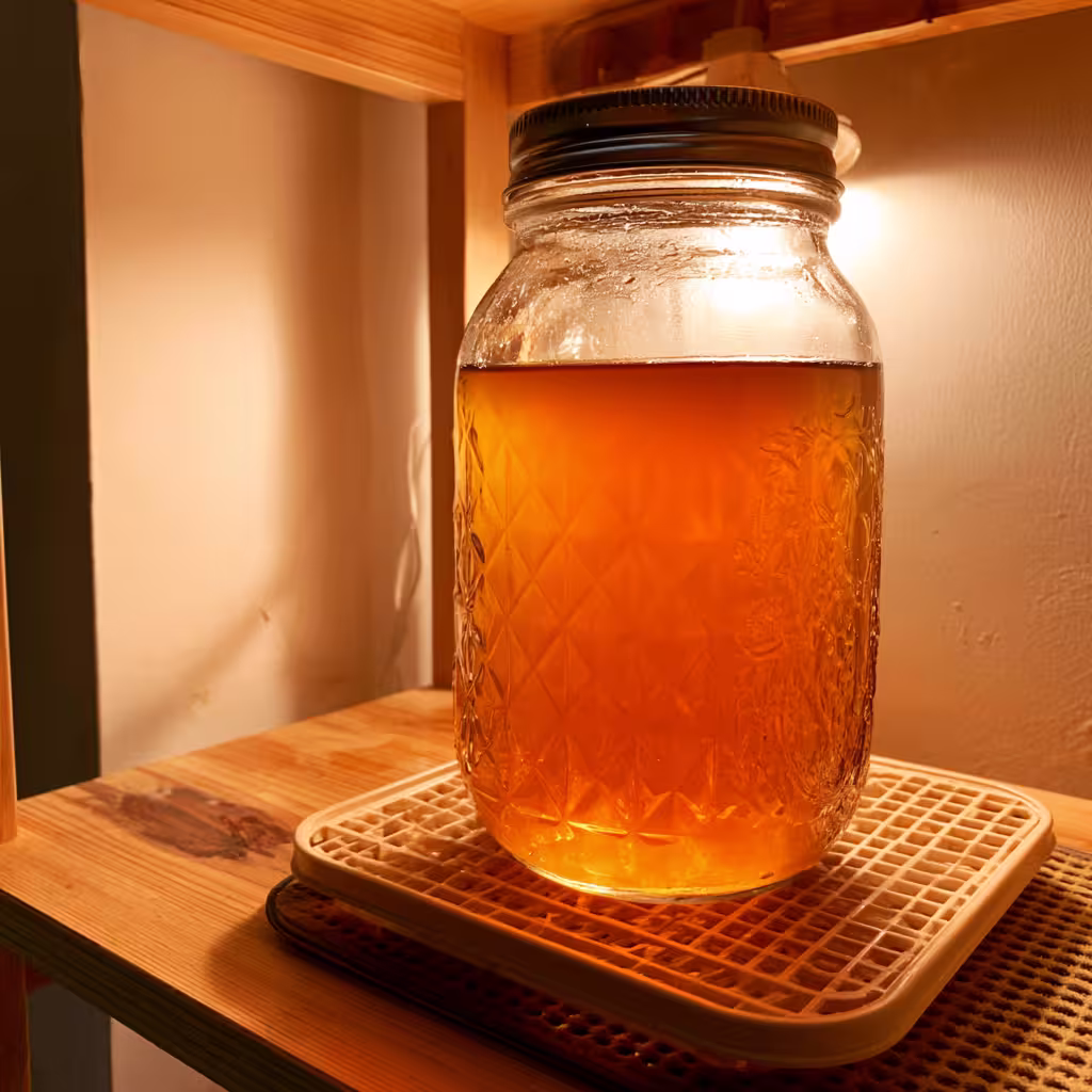 seedling heat mat under a glass jar of kombucha