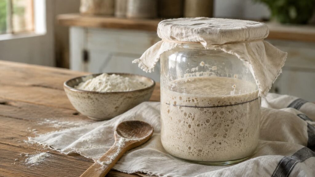 Active homemade sourdough starter bubbling in a glass jar