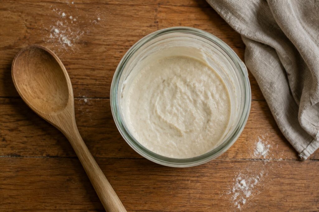 Freshly mixed flour and water for a sourdough starter