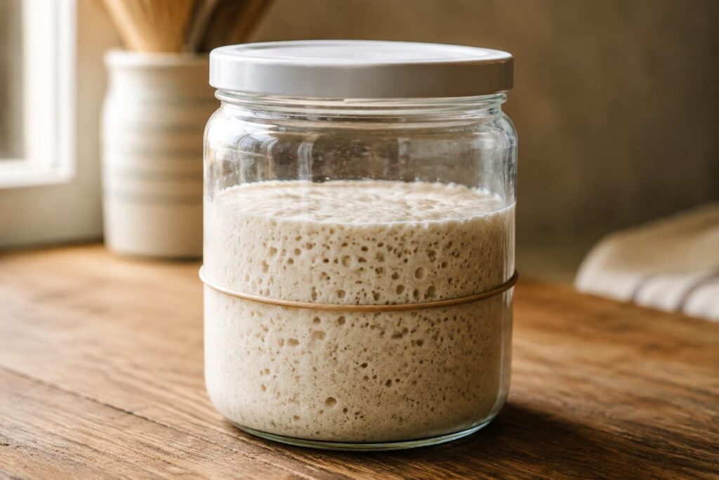Active sourdough starter rising above a rubber band marker
