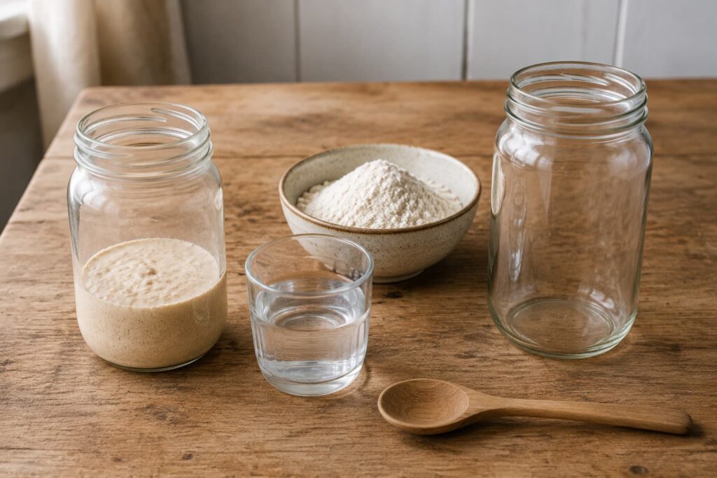Sourdough starter feeding setup with flour and water
