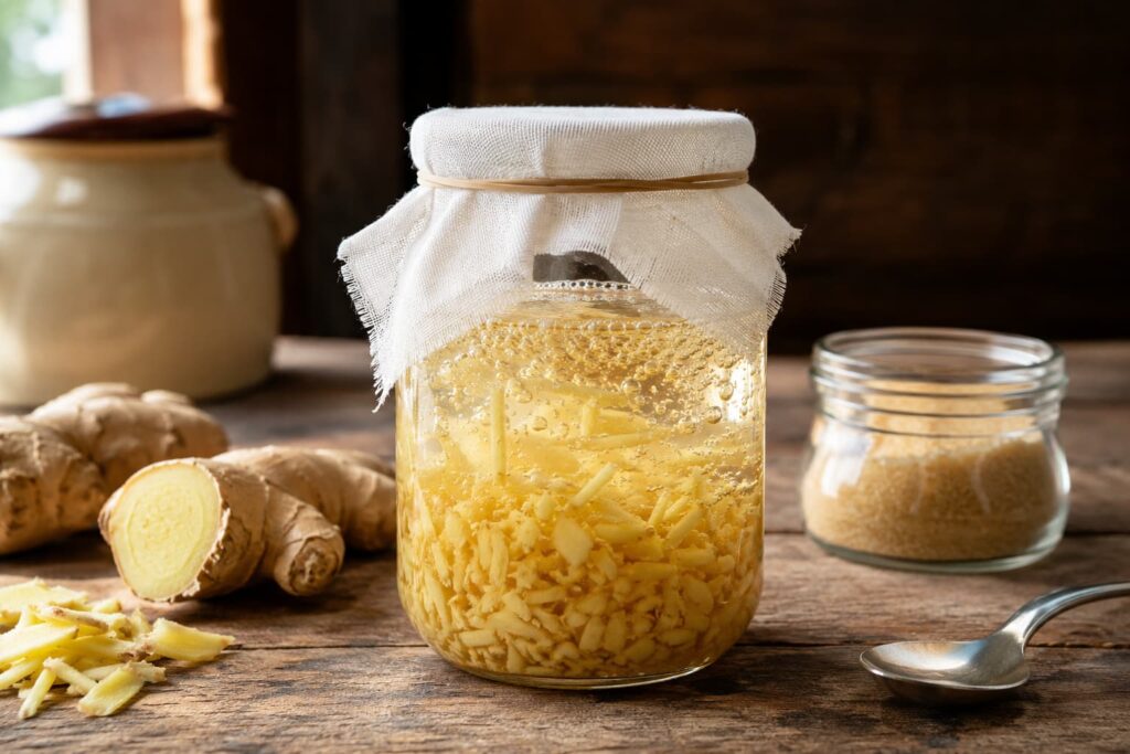 Active ginger bug bubbling in a glass jar