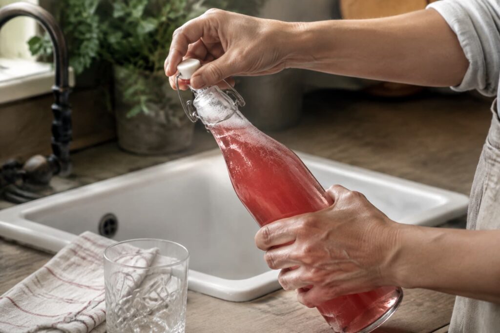 Carefully opening fermented fruit soda over a kitchen sink