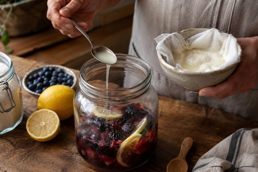 Adding whey to a berry and lemon soda mixture